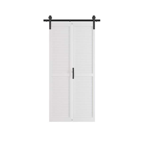TENONER 30 in. x 84 in. White, Finished, MDF, Bi-Fold Style, Need to Assemble, Louvered Sliding Barn Door with Hardware Kit