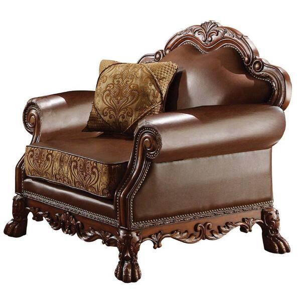 Benjara Brown Leather Arm Chair with 1 Pillow