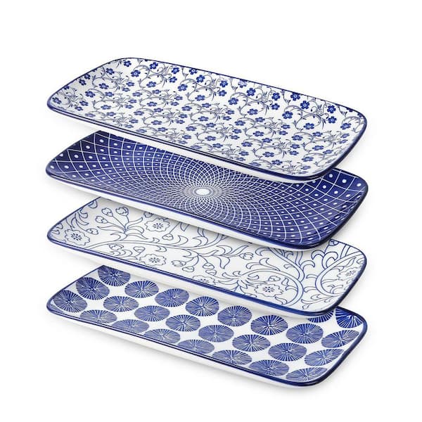 9.4 in. Vintage Blue Ceramic Rectangular Decorative Platter (Set