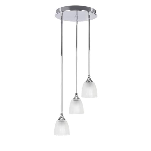 Unbranded Villa 60-Watt 14.5 in. 3 Light Chrome Stem Pendant Light with 5 in. Clear Ribbed Glass Shade, No bulbs included