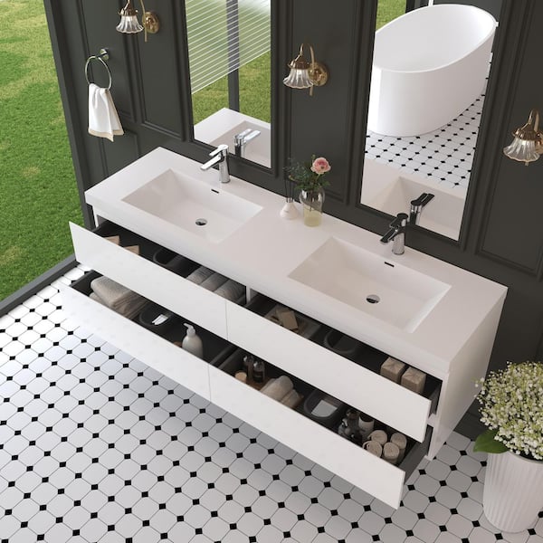 70.87 in. Double Sink Floating Glossy White Bath Vanity with White Resin Top Assembled