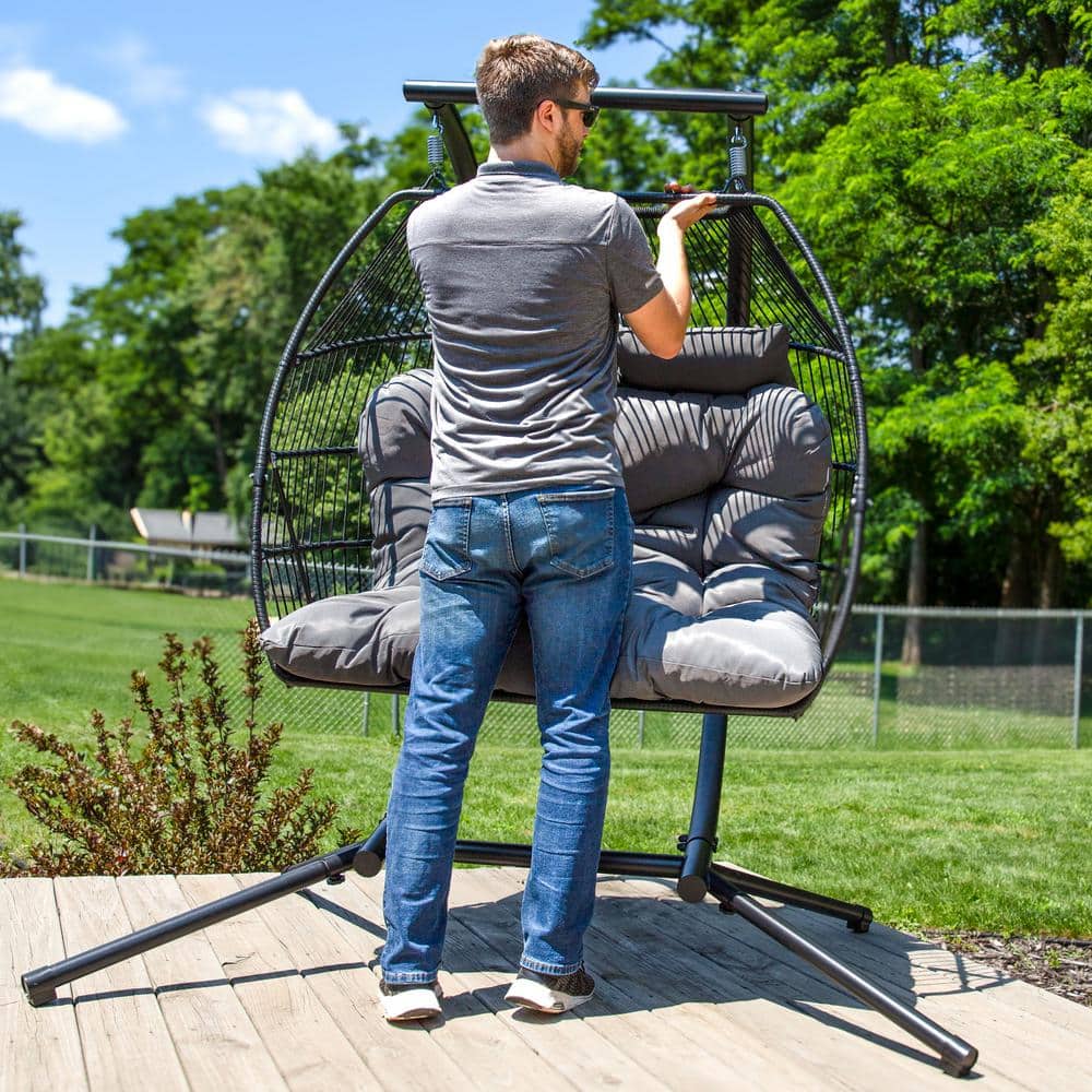 Dark Gray Double Egg Hanging Chair with Cushions and Steel Stand