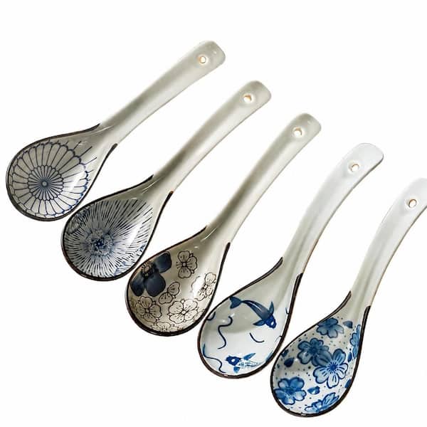 White Ceramic Deep Oval Soup Spoons Hand-Painted Blue Lotus Dishwasher Safe Microwave Safe (Set of 5)