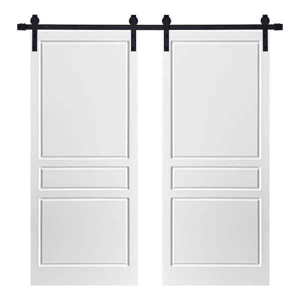 AIOPOP HOME Modern 3-Panel Designed 84 in. x 84 in. MDF Panel White Painted Double Sliding Barn Door with Hardware Kit