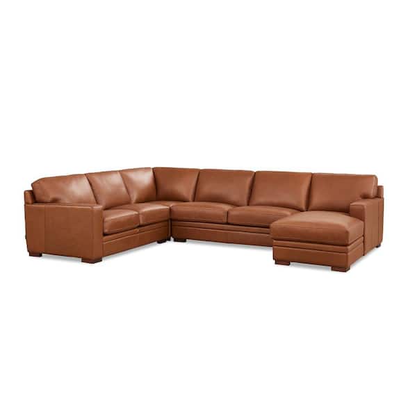 Hydeline Dillon Sectional 136 in. W Square Arm 4-Piece Leather Lawson Sectional Sofa in Brown with Right Facing Chaise