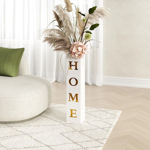 27.7 in. White Solid Wood Square Decorative Floor Vase