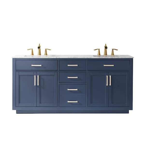 Altair Ivy 72 in. Bath Vanity in Royal Blue with Carrara Marble Vanity Top in White with White Basins