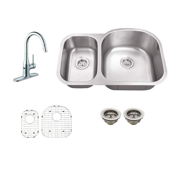 Schon All-in-One Undermount Stainless Steel 32 in. 0-Hole 30/70 Double Bowl Kitchen Sink with Sensor Faucet