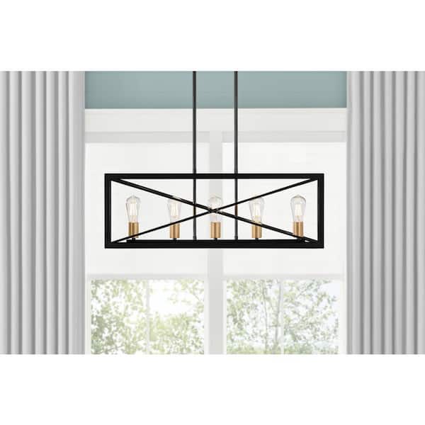 Harwood 60-Watt 5-Light Matte Black and Old Satin Brass Pendant with Cage Shade