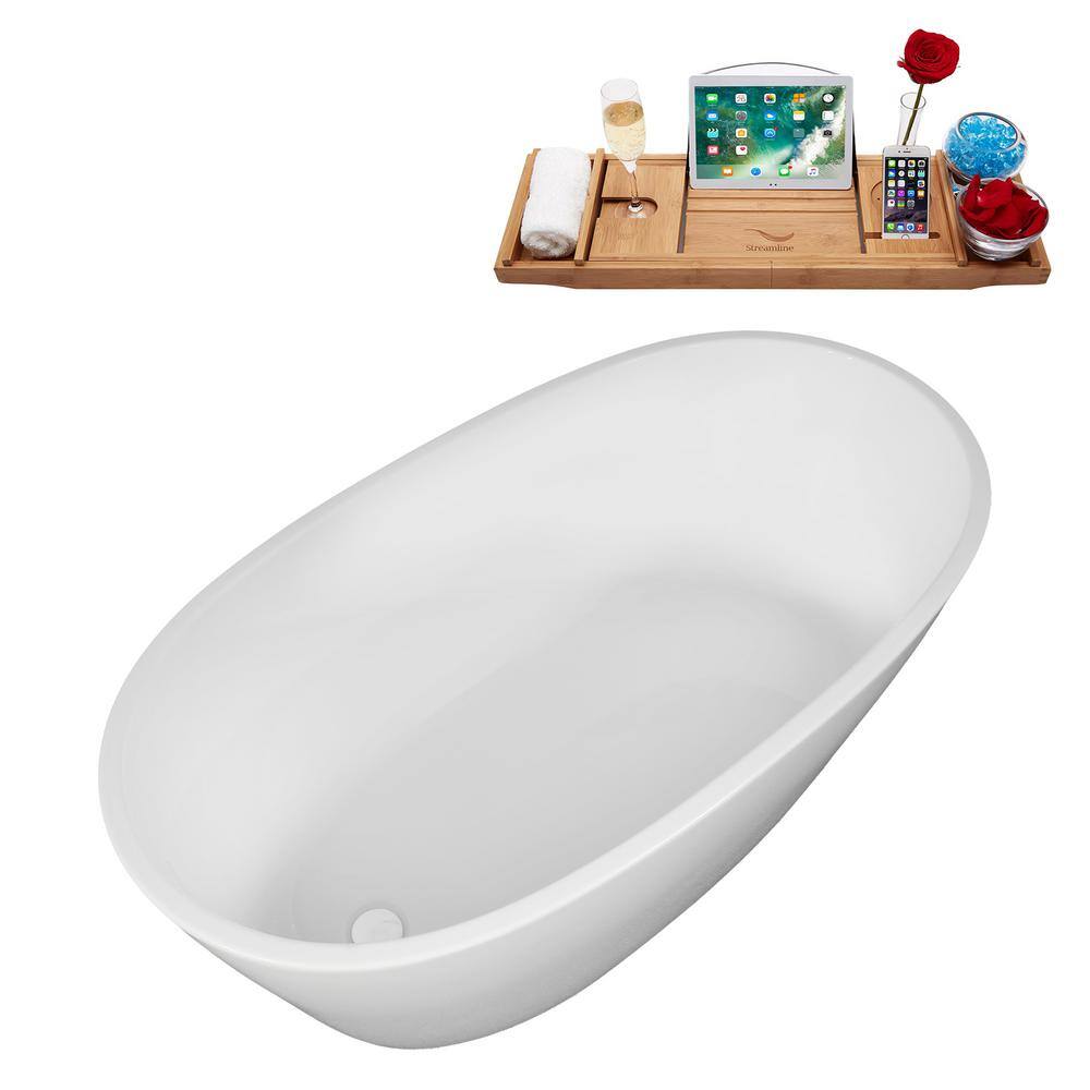 51" Glossy White Acrylic Freestanding Soaking Bathtub with Bamboo Tray