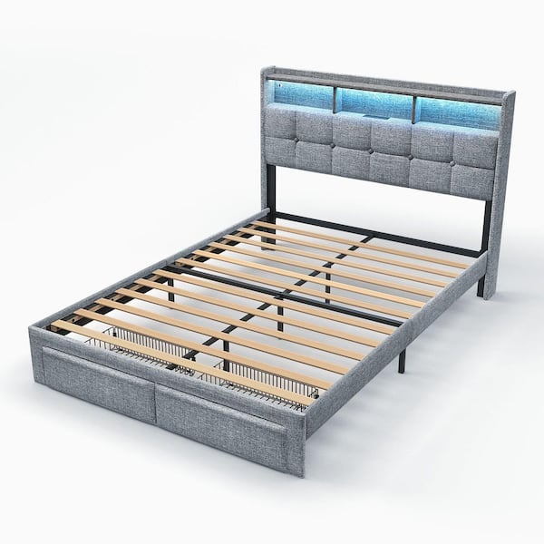 Light Gray Wood Frame Queen Size Upholstered Platform Bed with LED Lights, Charging Station, Headboard and 2-Drawers