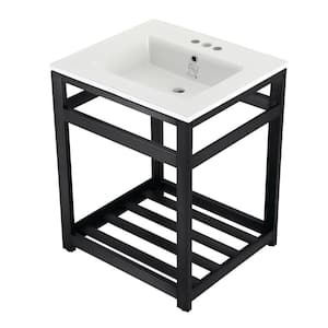 25 in. Ceramic Console Sink (4 in. in 3-Hole) with Stainless Steel Base in Matte Black