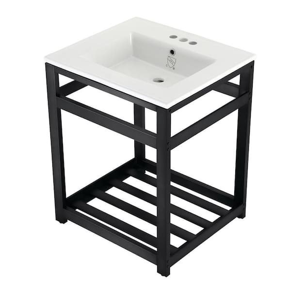 Kingston Brass 25 in. Ceramic Console Sink (4 in. in 3-Hole) with Stainless Steel Base in Matte Black