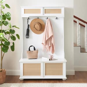 40 in. White Casual Style Hall Tree Entryway Bench with Rattan Door Shelves and Shoe Cabinets