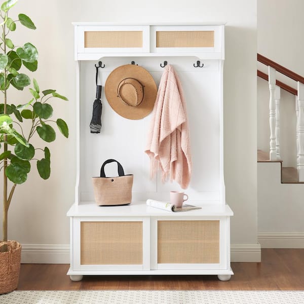 Magic Home 40 in. White Casual Style Hall Tree Entryway Bench with Rattan Door Shelves and Shoe Cabinets
