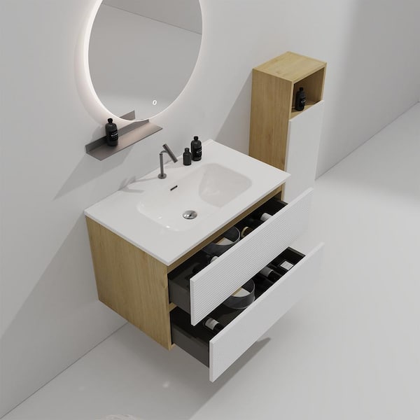 Glory 30 in. Single Sink Wall Mounted Oak with Matt White Panel Bath Vanity with White Integrated Ceramic Top Sink