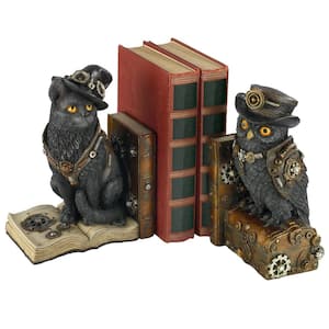 Knowledge Seekers Steampunk Cat and Owl Multi-Colored Resin Sculptural Novelty Bookends (Set of 2)