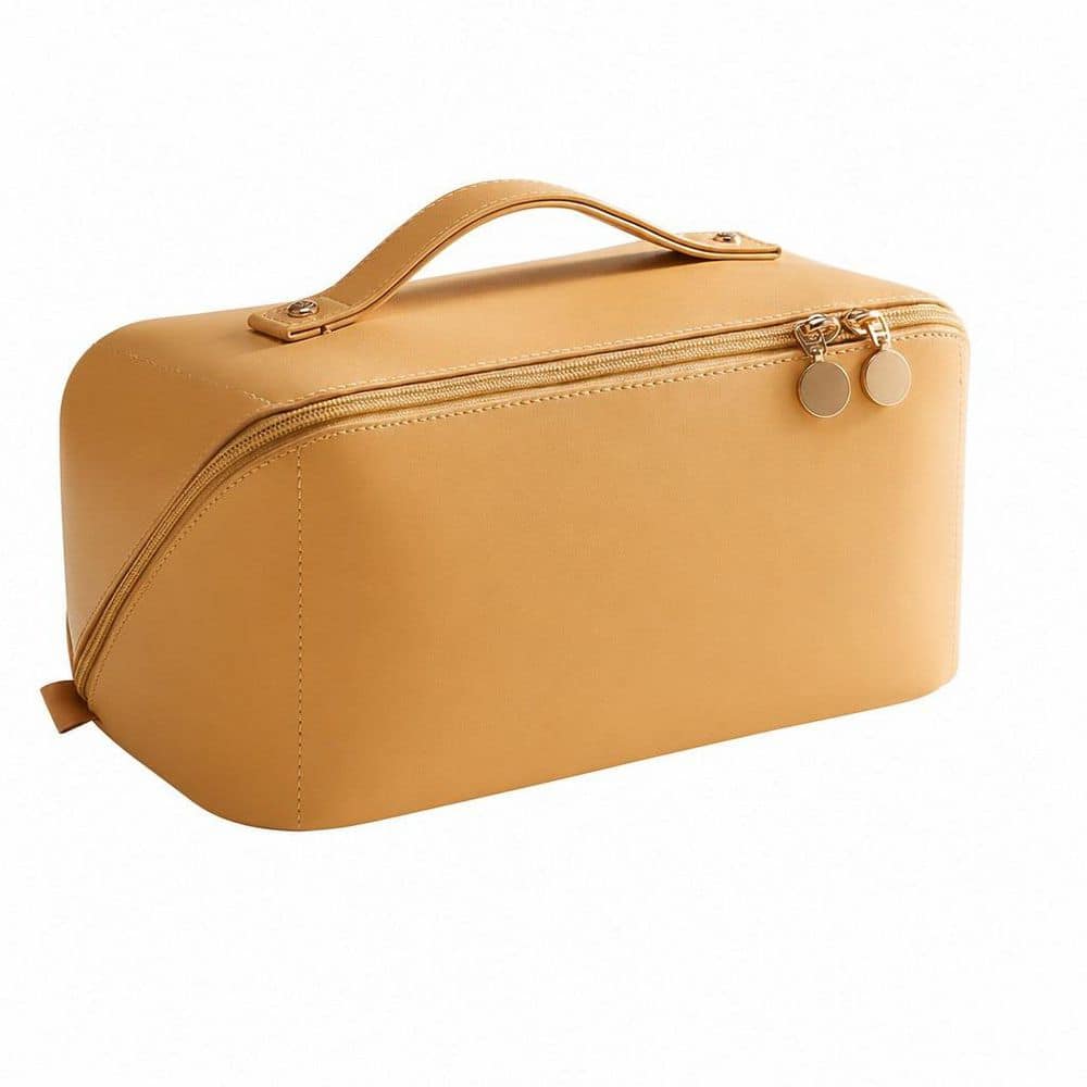 Travel Makeup Bag in AQ-Yellow, Large Capacity Cosmetic Bag for Women, Waterproof, Flat Open Portable Toiletry Bag