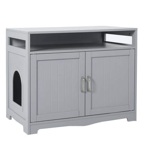 Miscool Gray 31.5 in. W Pet House Cat Litter Box Enclosure with Hidden Plug Cat Bench Side Table Nightstand