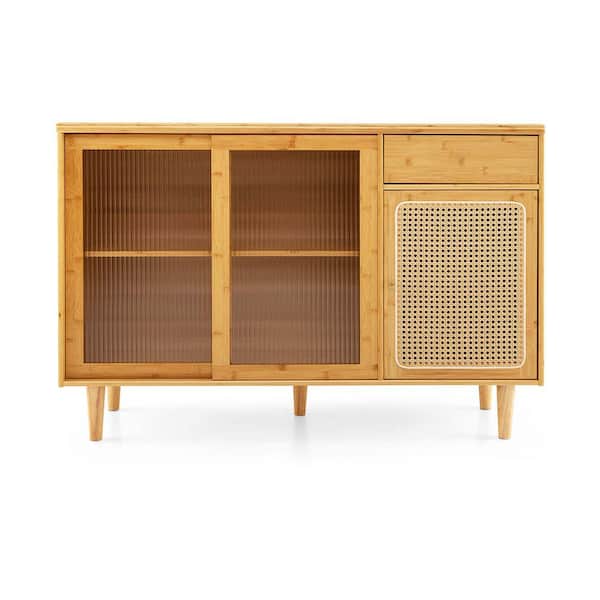 Costway Natural Bamboo 47 in. Width Buffet Sideboard Rattan Console Table with Sliding Doors Storage Drawer