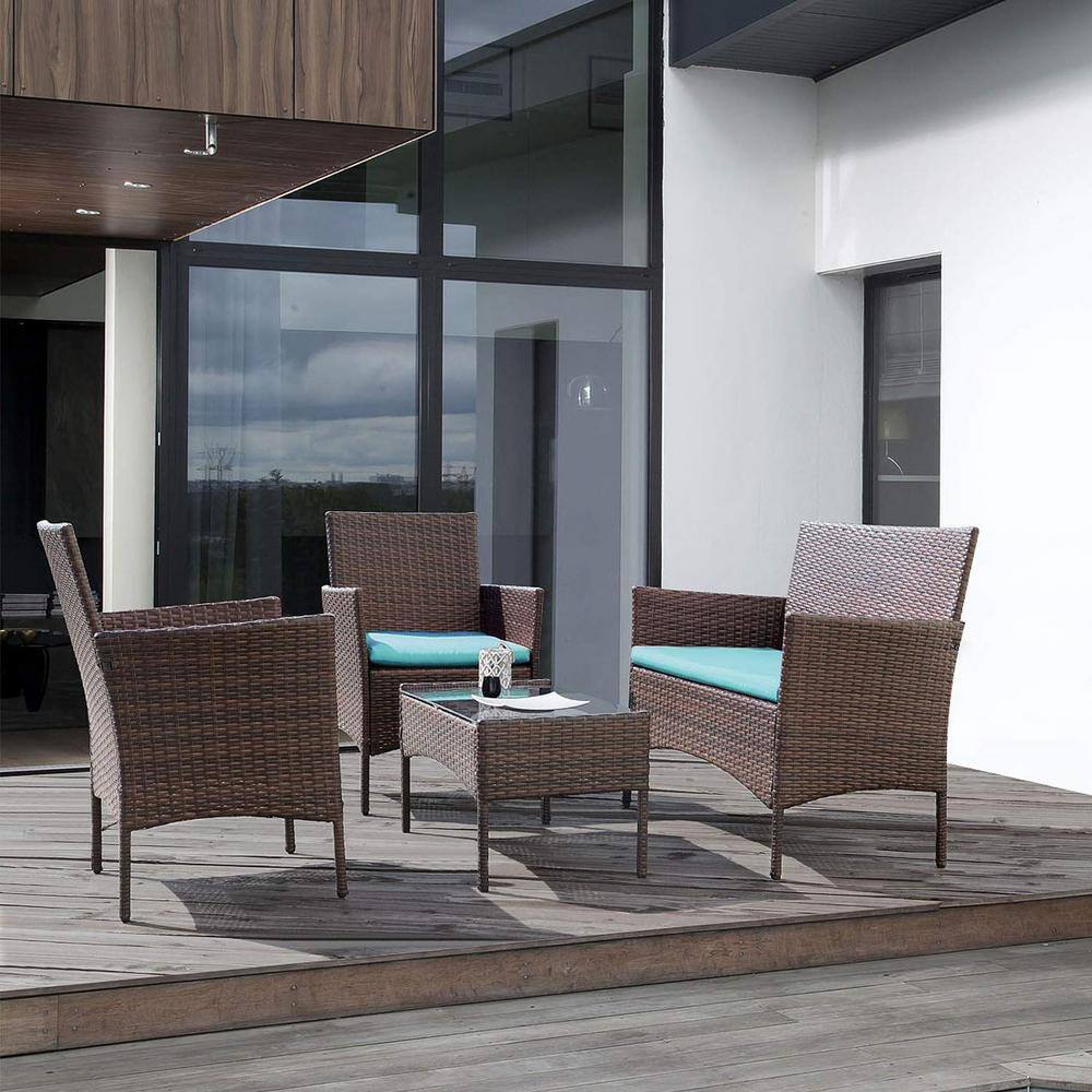 4-Piece Wicker Patio Conversation Set with Blue Cushions for Backyard Porch
