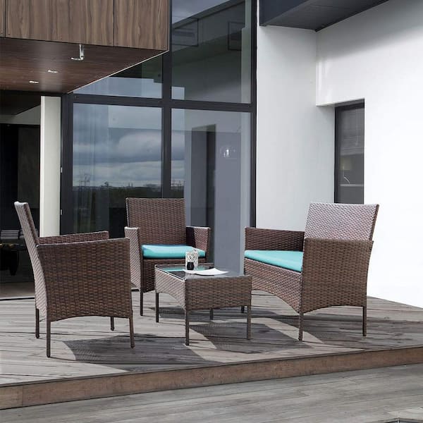 Unbranded 4-Piece Wicker Patio Conversation Set with Blue Cushions for Backyard Porch Garden Poolside Balcony