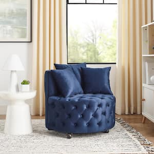 Navy Velvet Upholstered Accent Swivel Chair Barrel Living Room Sofa Chair with Movable Wheels and 3-Pillows