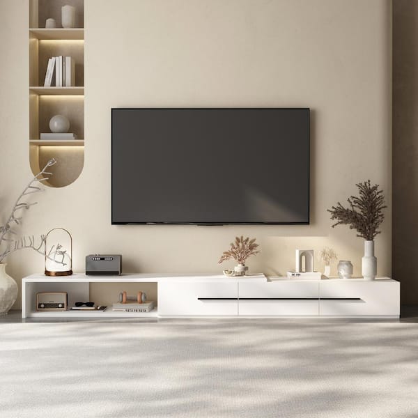 FUFU&GAGA Modern Wood White TV Stand Media Console Entertainment Center with Adjustable Length and Drawers Fits TV's up to 100 in.