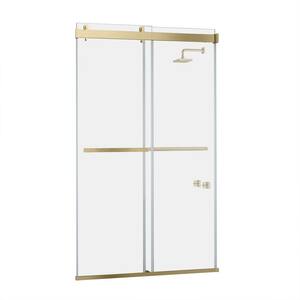 Spezia 48 in. W x 76 in. H Double Sliding Seimi-Frameless Shower Door in Brushed Gold with Clear Glass