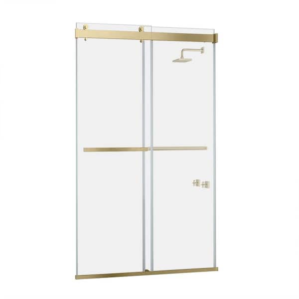 ROSWELL Spezia 48 in. W x 76 in. H Double Sliding Seimi-Frameless Shower Door in Brushed Gold with Clear Glass