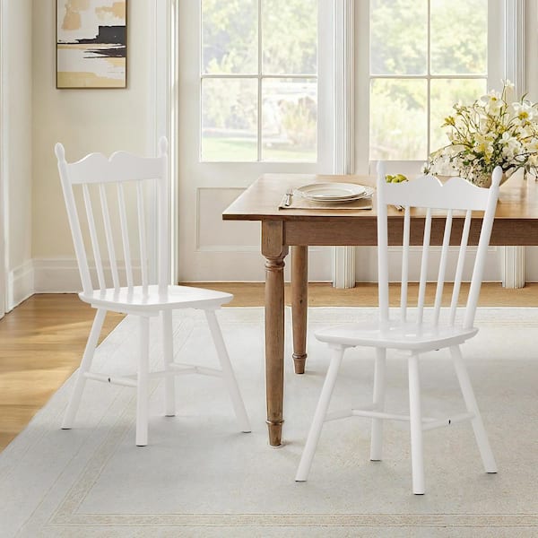 OrangeOne 17 in. White Classic Windsor Dining Chair Farmhouse Solid Wood Armless Kitchen Chair with Wave Spindle Back Set of 2