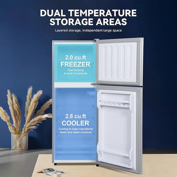 4.8 cu. ft. Compact Mini Refrigerator with 2 cu. ft. Top Door Freezer in Silver, 7-Level Temp Adjustable, Low Noise