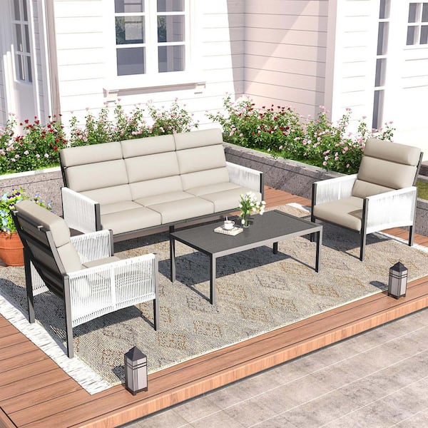 Zeus & Ruta 4-Piece Black Aluminum Outdoor Conversation Set with Khaki Cushions and 1-Rectangular Table