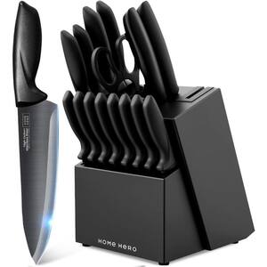 16Pcs Stainless Steel Japanese Knife Set with Wooden Block Knife in Black