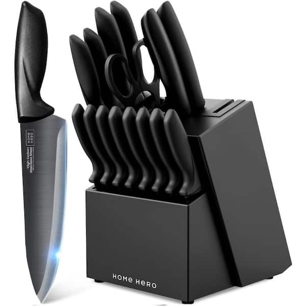 Adrinfly 16-Piece Stainless Steel Japanese Knife Set with Wooden Block Knife in Black
