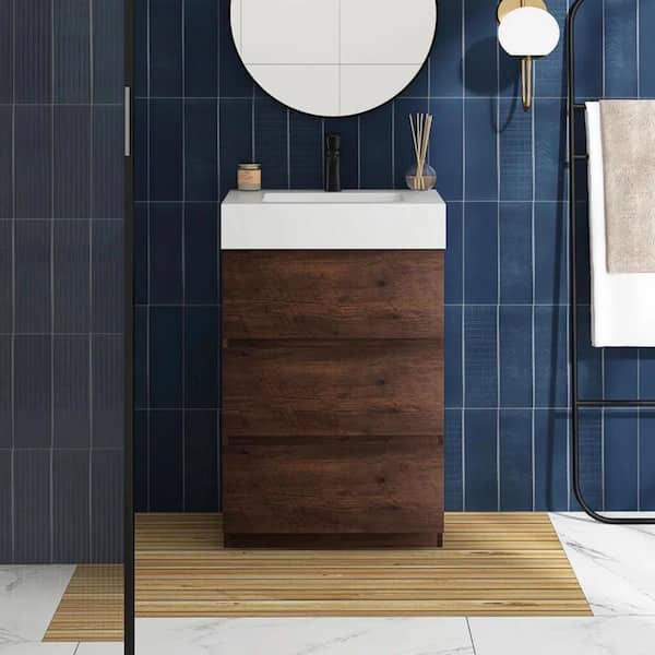 Boosicavelly 24 in. W x 18 in. D x 37 in. H Single Sink Freestanding Bath Vanity in Walnut with White Resin Top