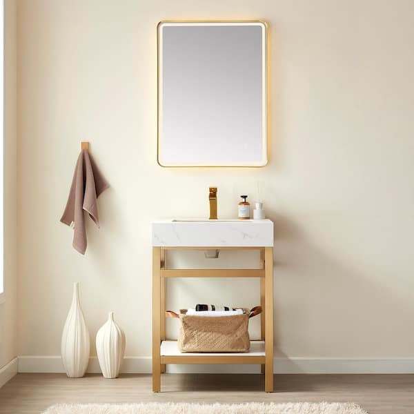 Funes 24 in. W x 22 in. D x 33.9 in. H Single Sink Bath Vanity in Brushed Gold Metal Stand with White Sintered Stone Top
