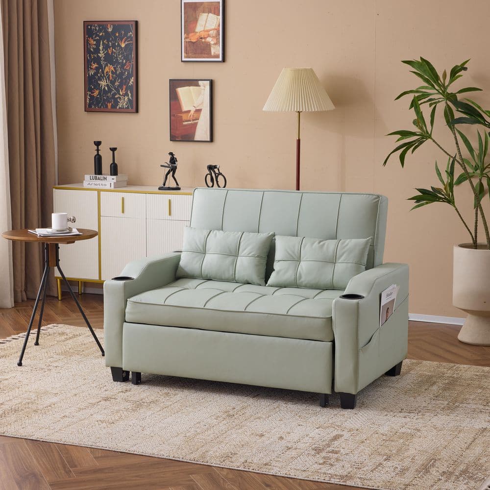 50 in. Light Green Faux Leather Twin Size Sofa Bed Pull Out Sofa For Small Spaces