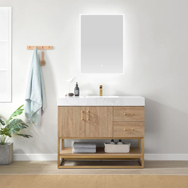 Alistair 42 in. W x 22 in. D x 33.9 in. H Bath Vanity in Oak with White Stone Vanity Top with Basin No Side Cabinet