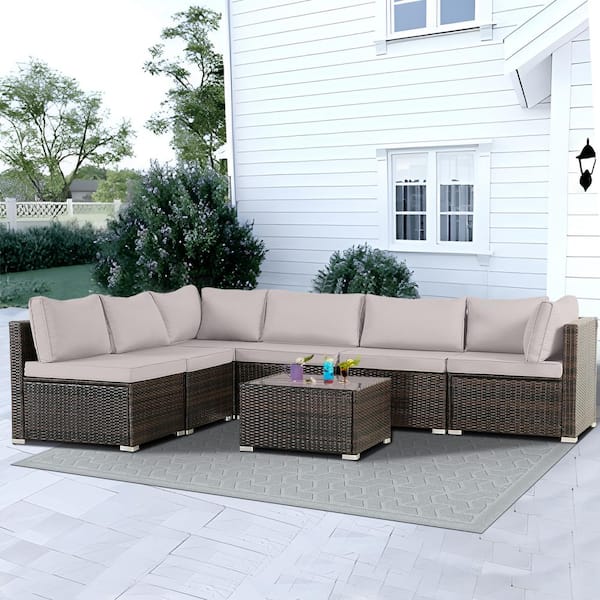 MIRAFIT Brown 8-Piece Wicker Patio Outdoor Sectional Furniture Set with Gray Cushions
