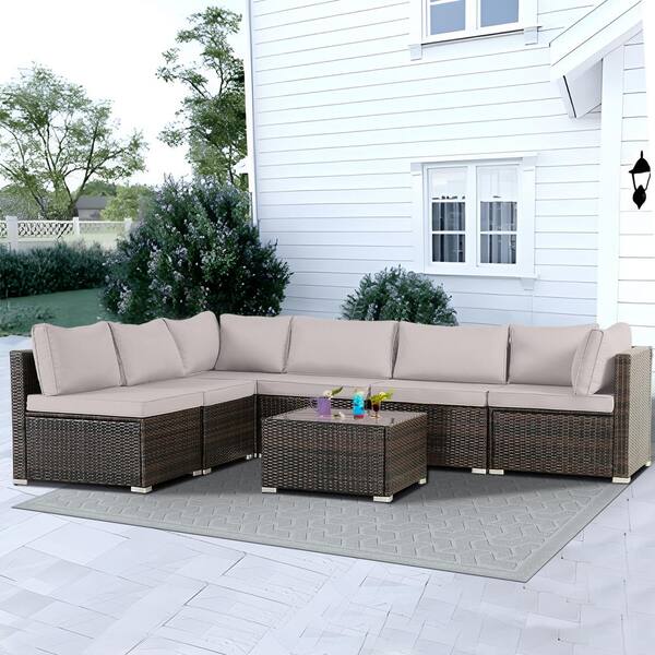 MIRAFIT Brown 8-Piece Wicker Patio Outdoor Sectional Furniture Set with Gray Cushions