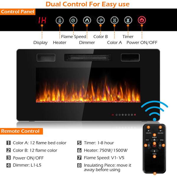 Costway Electric Remote Control 5000, Electric Fireplace Recessed Ultra Thin Wall Mounted Heater Multicolor Flame