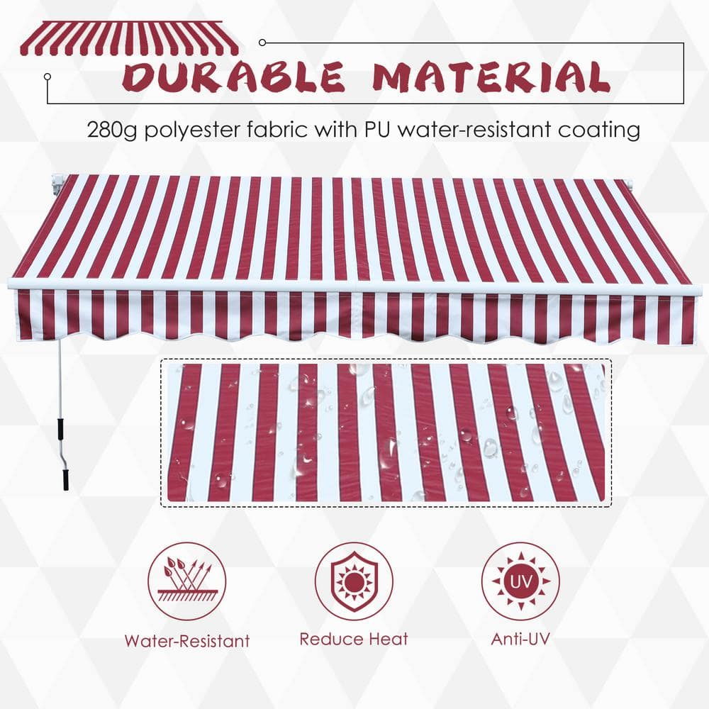Wine Red Striped 10' x 8' Retractable Patio Awning with Aluminum Frame