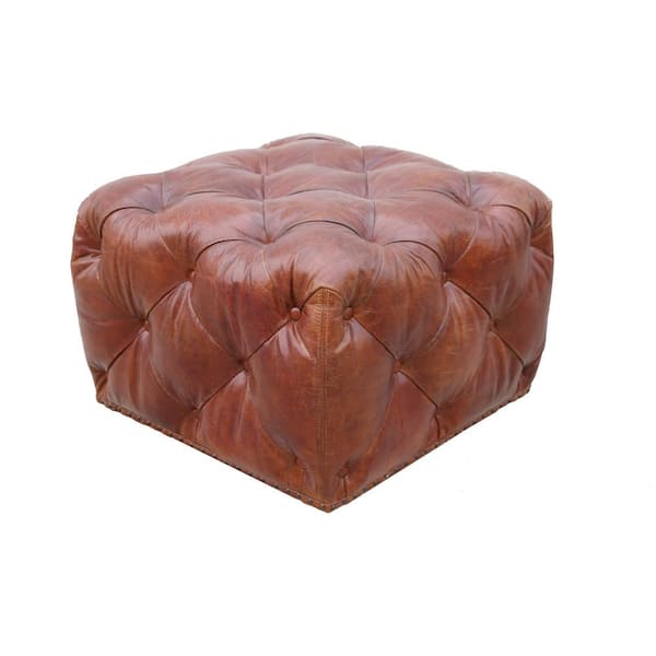 Pasargad Home Paris Club Ottoman Genuine Top Grain Leather in Brown Color