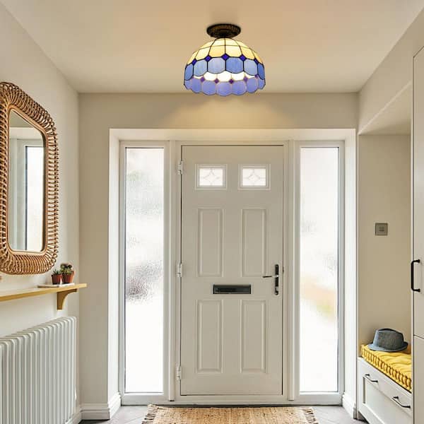 OUKANING 11.81 in. 1-Light White and Blue Retro Semi-Flush Mount