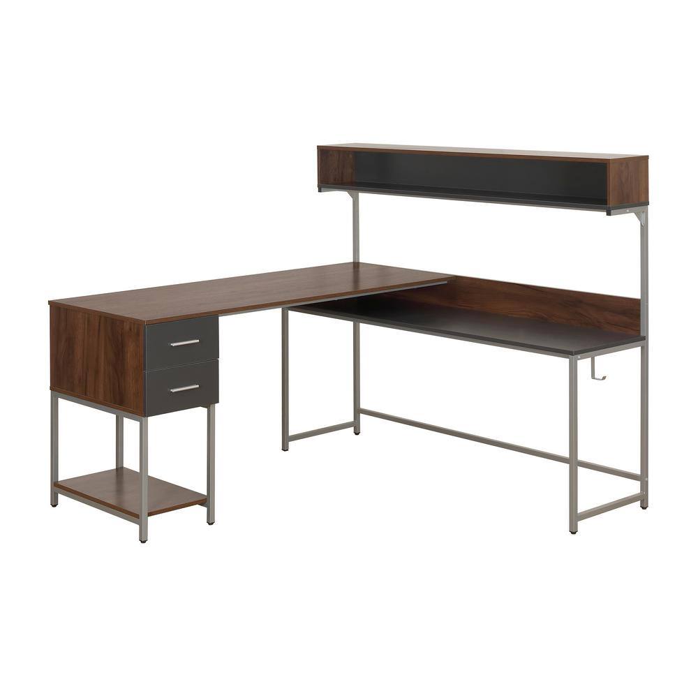 Walnut Wood L-Shaped Gaming Computer Desk with Hutch and Drawer