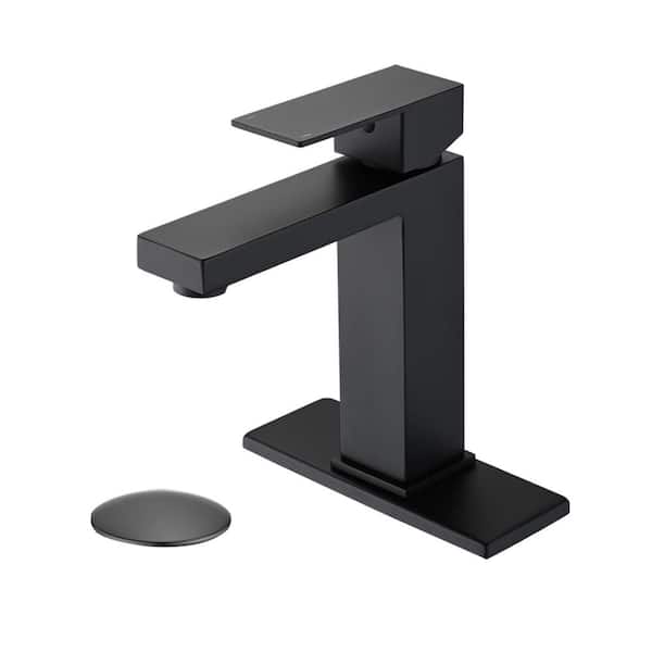 PROOX Single-Handle Single Hole Bathroom Faucet with Deck Plate and Drain Assembly in Matte Black
