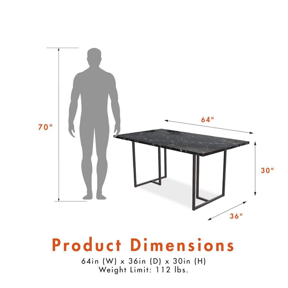 Astor 68" Black Faux Marble Dining Table with Metal Legs