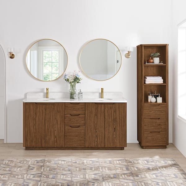 ROSWELL Abuja 72 in. W x 22 in. D x 33.9 in. H Double Bath Vanity in Oak Weathered Brown with White Engineered Stone Top