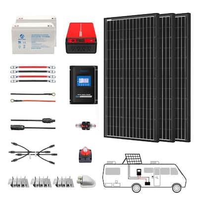 300-Watt Black Monocrystalline Off Grid Solar Power Kit, 3 x 100-Watt Solar Panel w/ (2) 100Ah Gel Deep Cycle Batteries